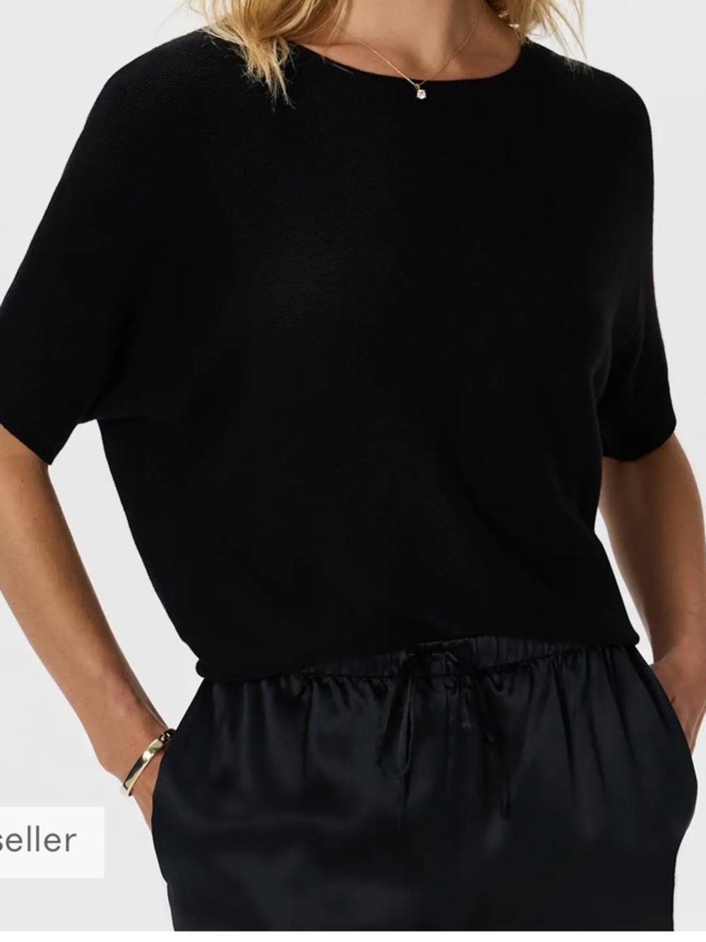 Quince Lightweight Cotton Cashmere Dolman Sleeve Sweater Black L